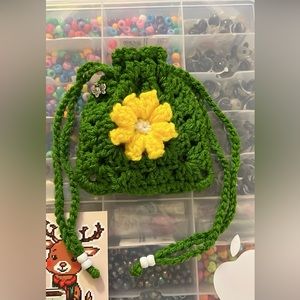 Crocheted Drawstring Flower Pouch W/Butterfly Charm 🦋
